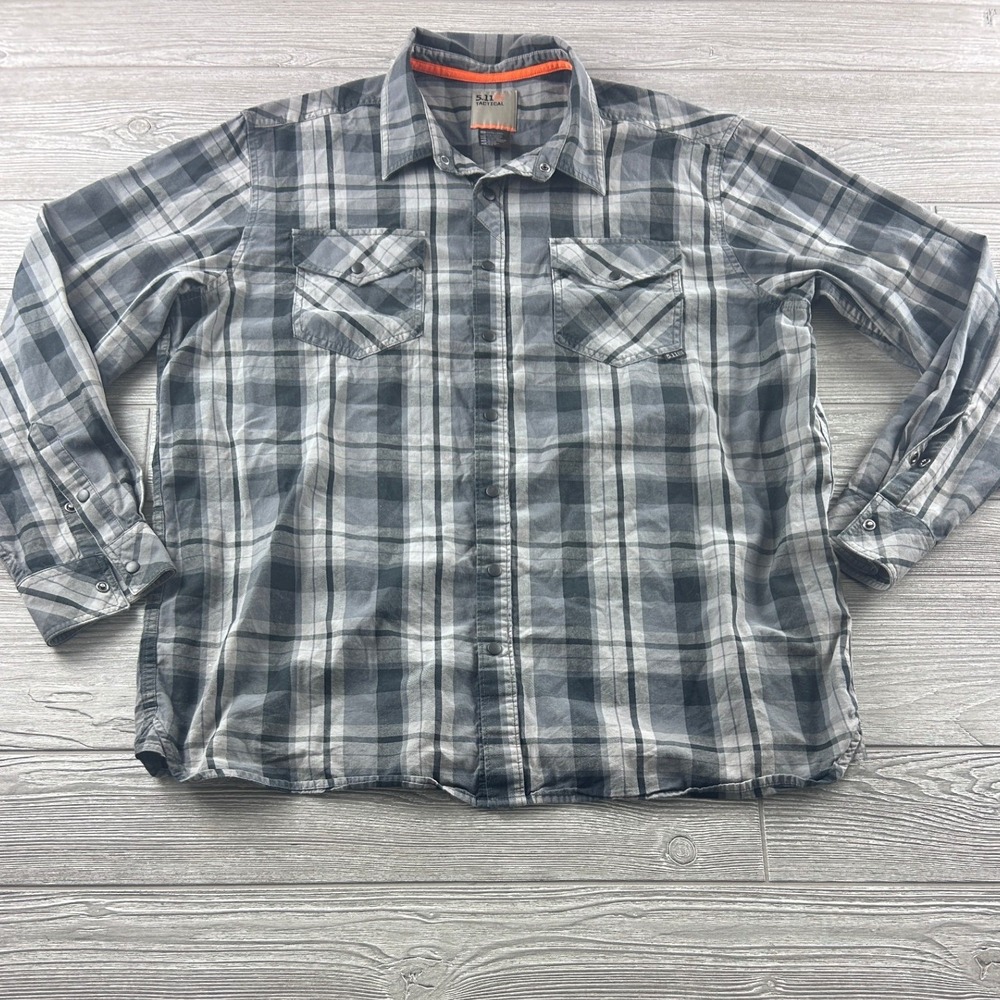 5.11 Tactical Mens XL Grey Black Plaid Snap Front Long Sleeve Cotton Shirt 1360